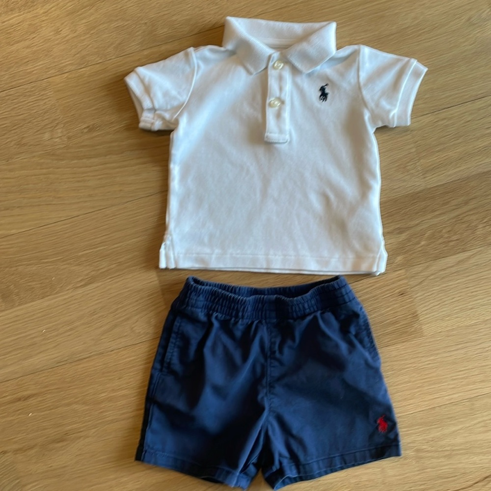 White Polo Kids Shirt and blue shorts by Ralph Lauren